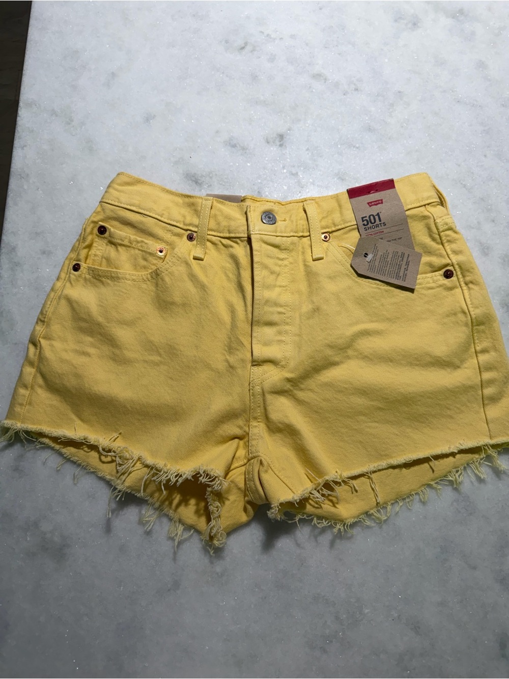 Levi's Yellow High-Rise Raw Hem Denim Shorts